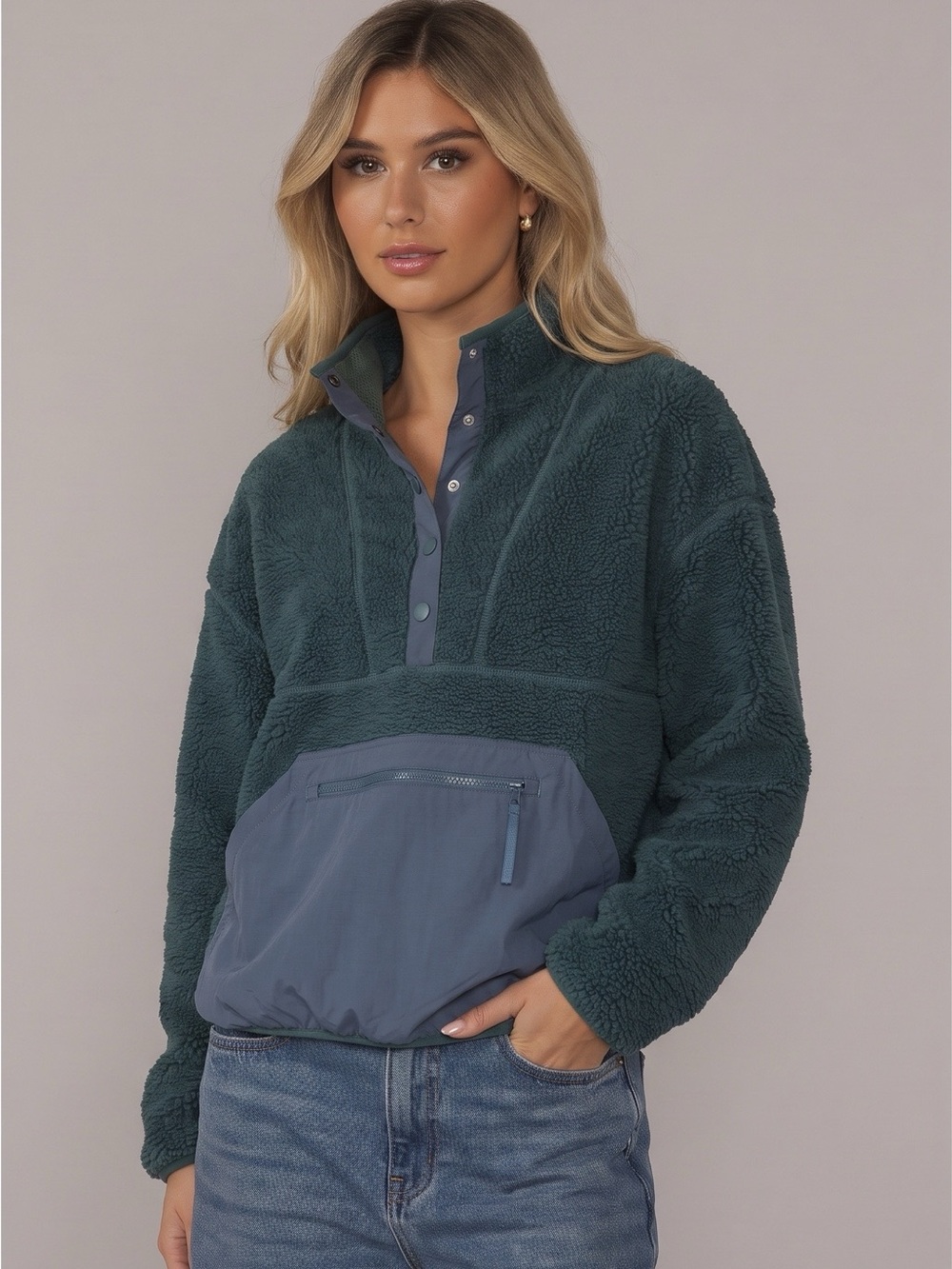 LPA Womens M Deep Green Faux Fur Teddy Fleece Snap Front Pullover Jacket